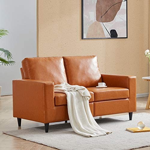 Merax Modern PU Leather Upholstered 3 Sofa for Living Room Bedroom Office Brown Love Seats